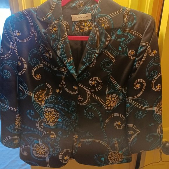 Amanda Smith Women’s Silk  Blazer Jacket Size 6 3/4 Sleeve 3-button Black Gold… - Picture 2 of 11